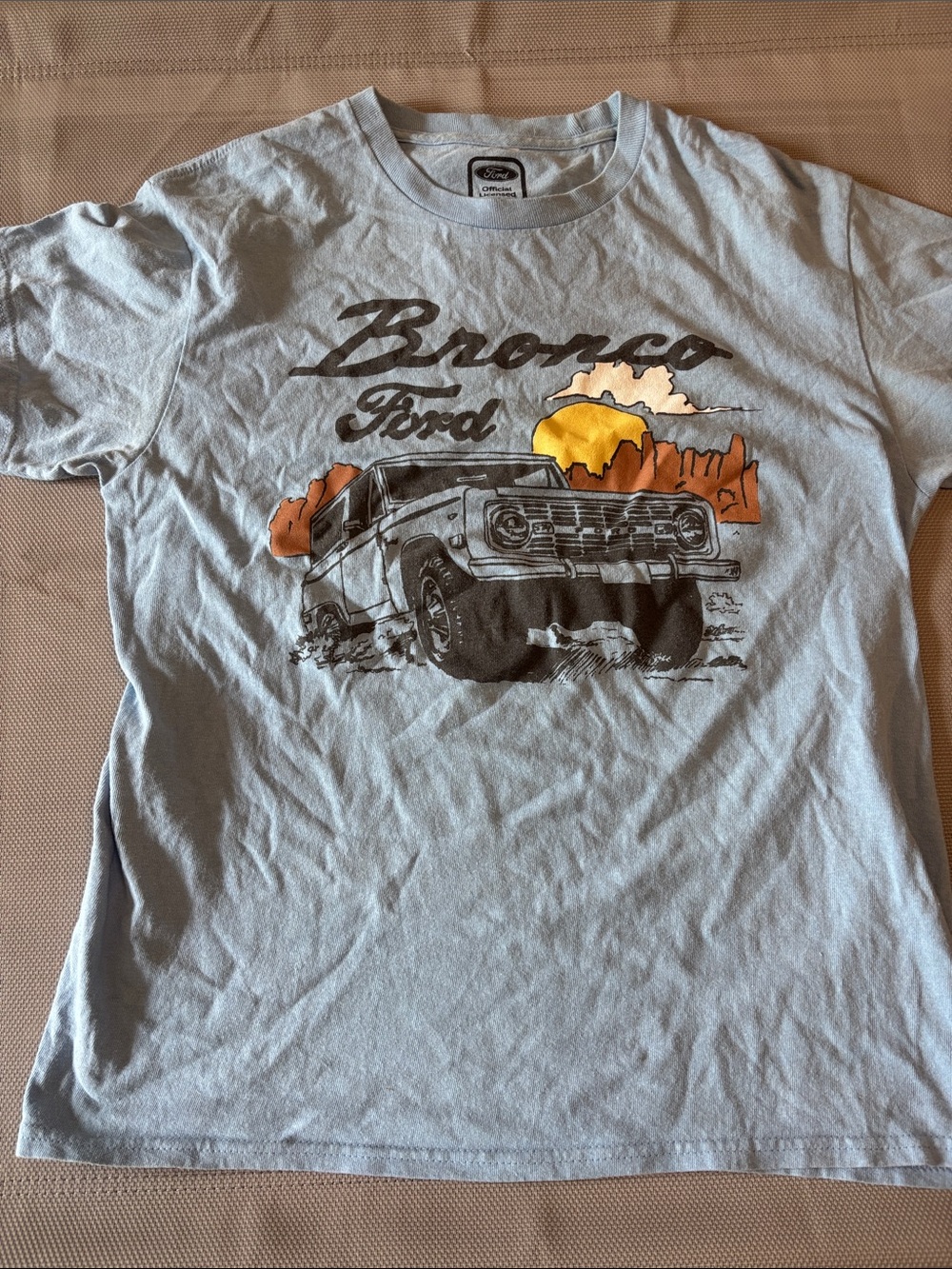 Ford Bronco Graphic Tee - Light Blue with Orange and Yellow Accents sz M EUC